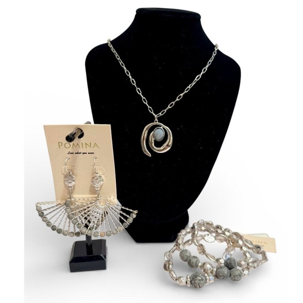 3 Pc Set Pomina Marbled Picasso Jasper Stones โ Necklace, Earrings & Bracelet